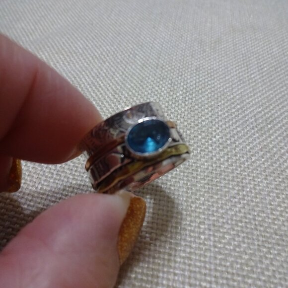 Unique BLUE TOPAZ Handmade SPINNER RING in SILVER, COPPER & GOLD sIZE 9 #578c - Picture 3 of 3